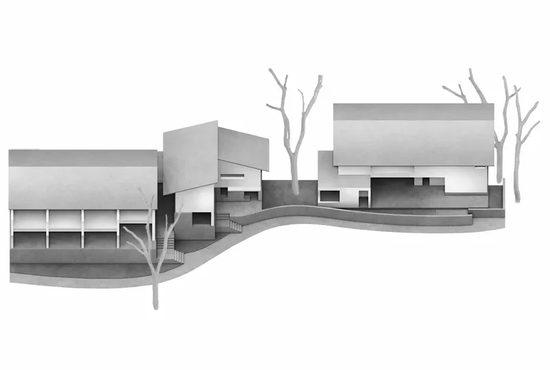 Physical model elevation showing stepped volumes connected by curved ground plane with winter trees