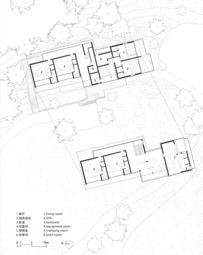 Floor plan drawing showing two separate buildings with central courtyards surrounded by trees in dotted notation