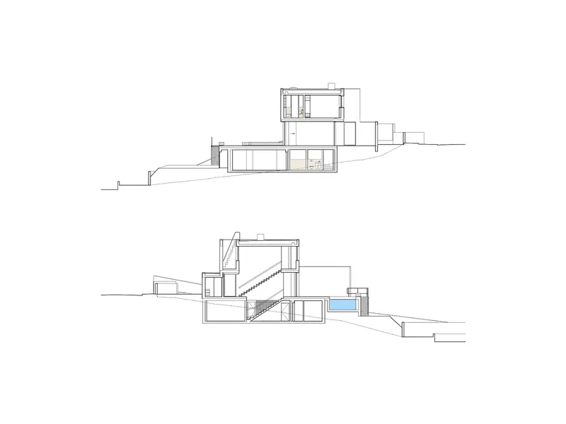 Section drawings showing split-level volumes stepping down a sloped site