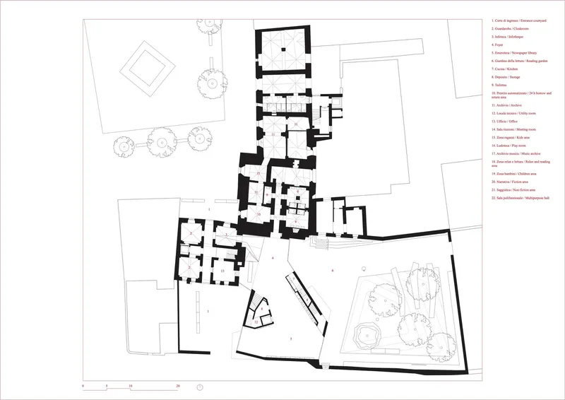 Floor plan drawing showing interconnected rooms and courtyards with thick wall construction