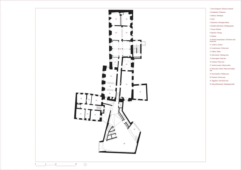 Ground floor plan showing an irregular arrangement of rooms with thick walls and a trapezoidal wing