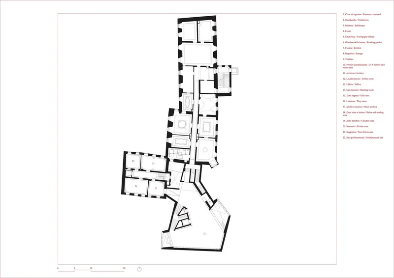 First floor plan showing a series of interconnected spaces with angled corridors and varied room sizes