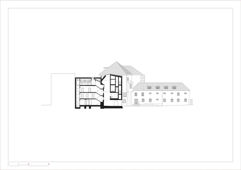 Section drawing revealing a three-story gabled volume connected to a lower horizontal wing with repeated windows
