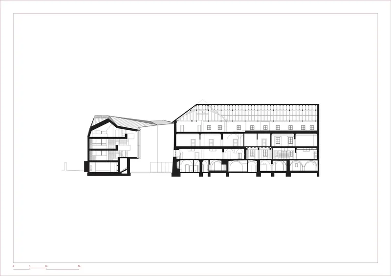 Section drawing showing the timber roof structure over a large hall adjacent to multi-level spaces