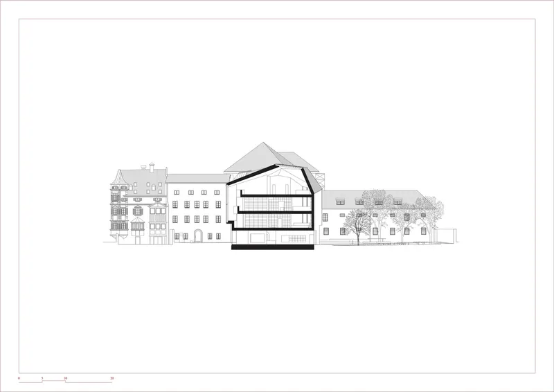 Elevation drawing depicting a central gabled building flanked by adjacent low-rise structures and a tree