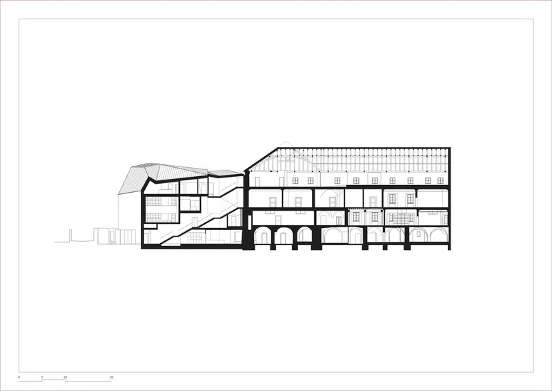 Section drawing illustrating the interior levels and arched openings within the larger multi-story wing