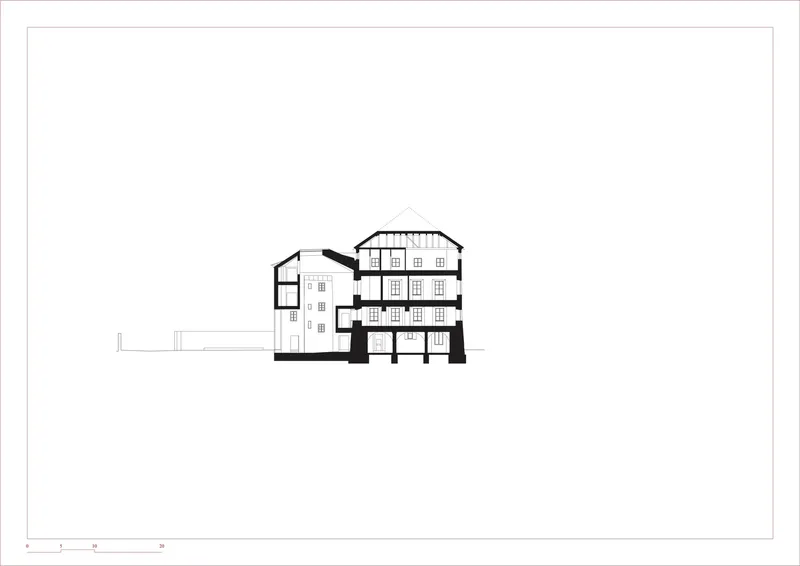 Section drawing showing a multi-story volume with gabled roofs and an adjacent low structure