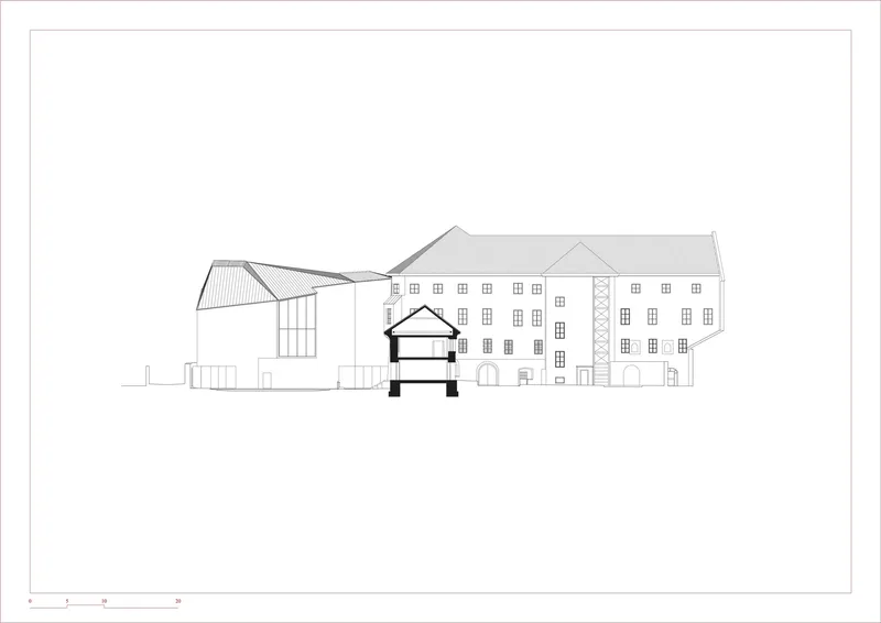 Elevation drawing depicting gabled and pitched roof volumes connecting existing multi-story buildings