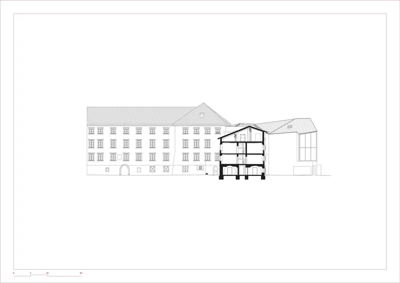 Elevation drawing showing a sectioned volume with exposed floor plates between two gabled structures