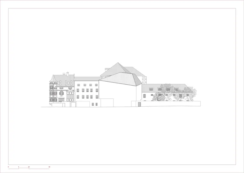 Elevation drawing featuring a large pitched roof volume flanked by existing buildings and trees