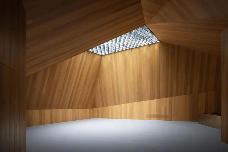 Timber-clad interior room with faceted walls and rectangular mesh skylight admitting natural light