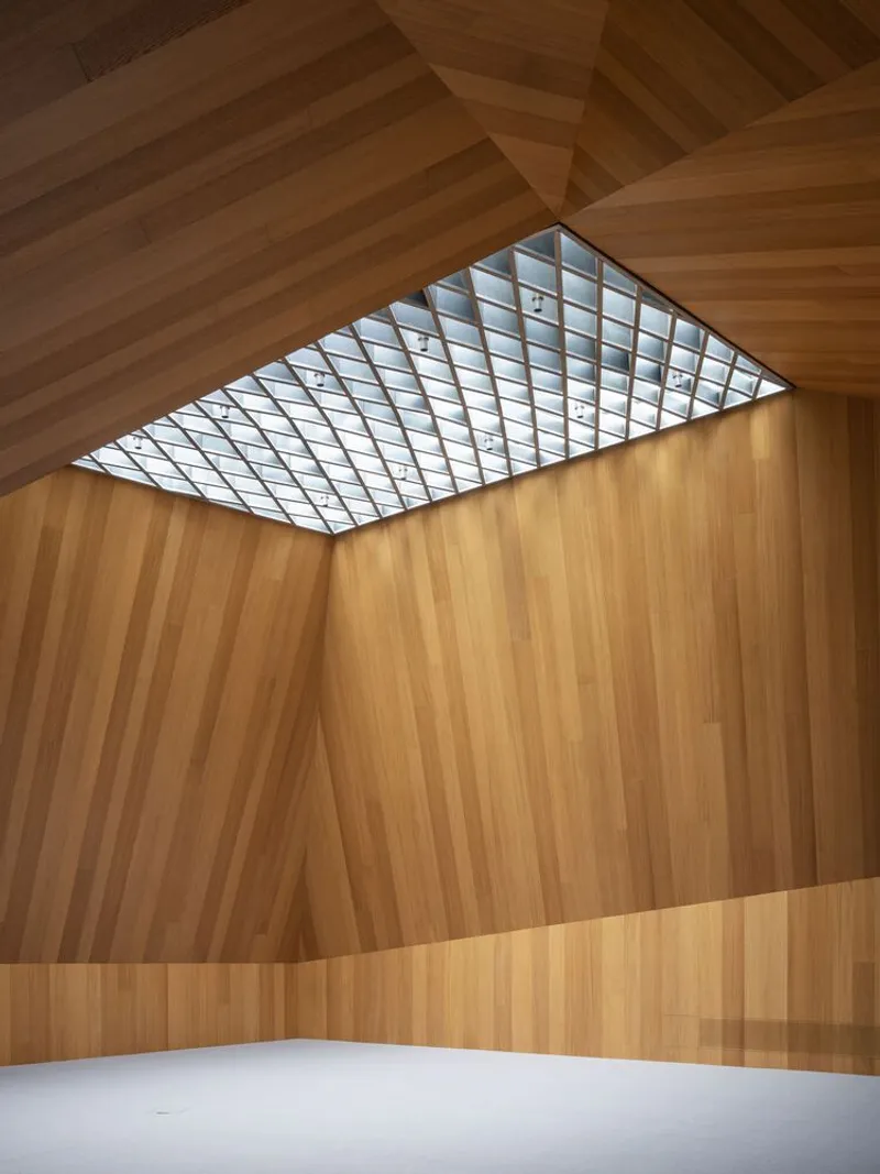 Rectangular skylight with diamond grid framing set into diagonal timber-paneled walls and ceiling