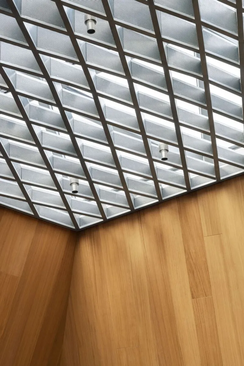 Skylight with diagonal timber grid and pendant lights above timber clad walls