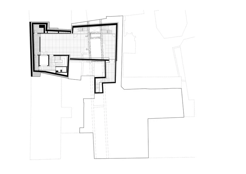 Floor plan of an angled upper level with terrace overlooking the site below