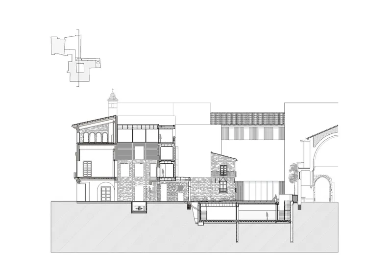 Section drawing showing mixed old and new construction with exposed timber trusses and varied roof forms