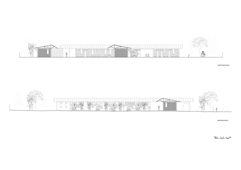 North and west elevation drawings showing a low horizontal building with pitched roof volumes and flanking trees