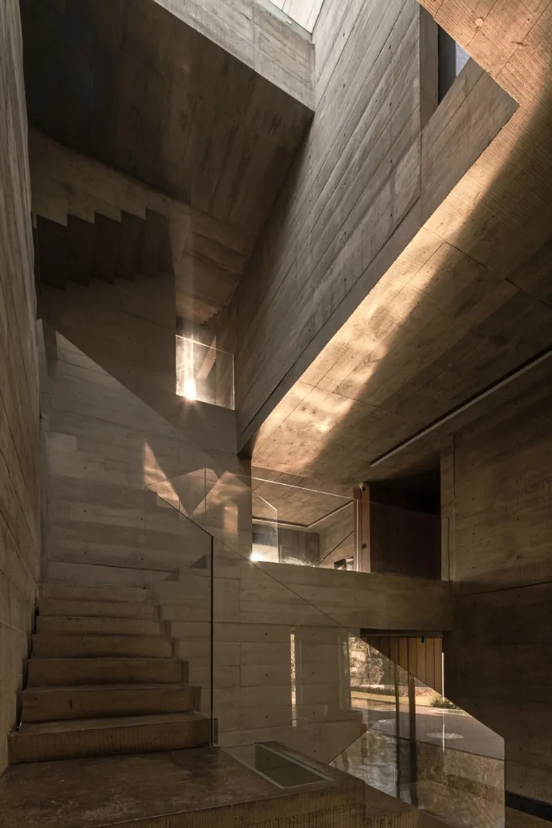 Multi-level concrete stairwell with glass balustrade and dappled sunlight filtering through an opening above
