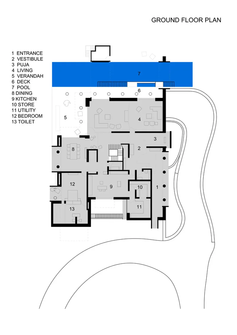 Ground floor plan drawing showing room layout with labeled pool deck and entrance sequence