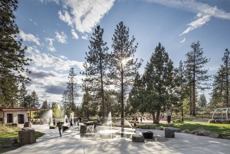 Public plaza with ground-level water fountains and boulder seating beneath tall pines in afternoon light