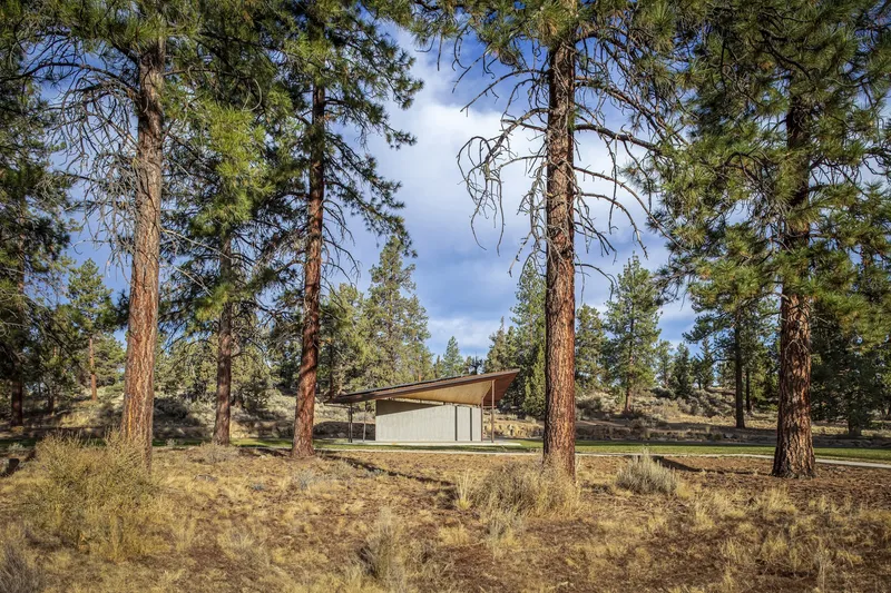 Side view of the low-slung building with extended eaves among scattered ponderosa pines under cloudy skies