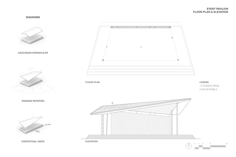 Floor plan and elevation drawings of a pavilion with sloped solar panel roof and covered stage