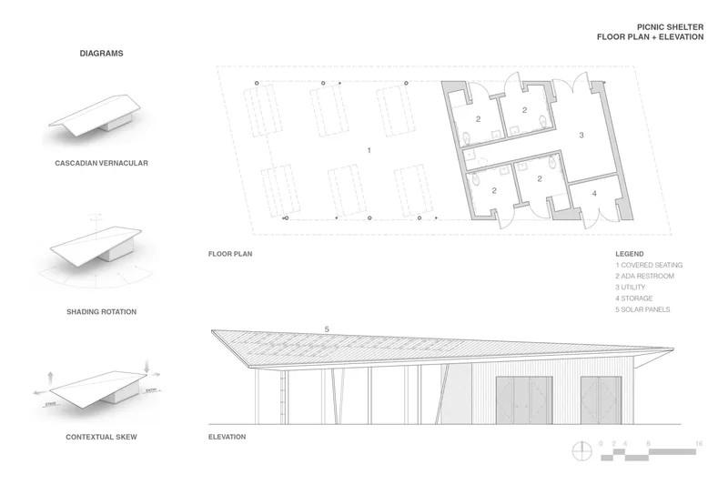 Floor plan and elevation drawings showing a shelter with angled roof and service rooms