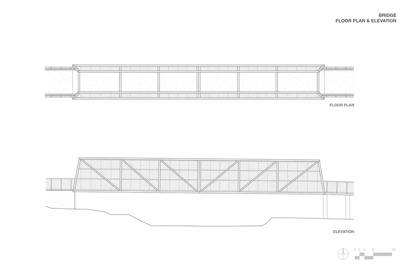 Floor plan and elevation drawings of a bridge structure with diagonal truss members