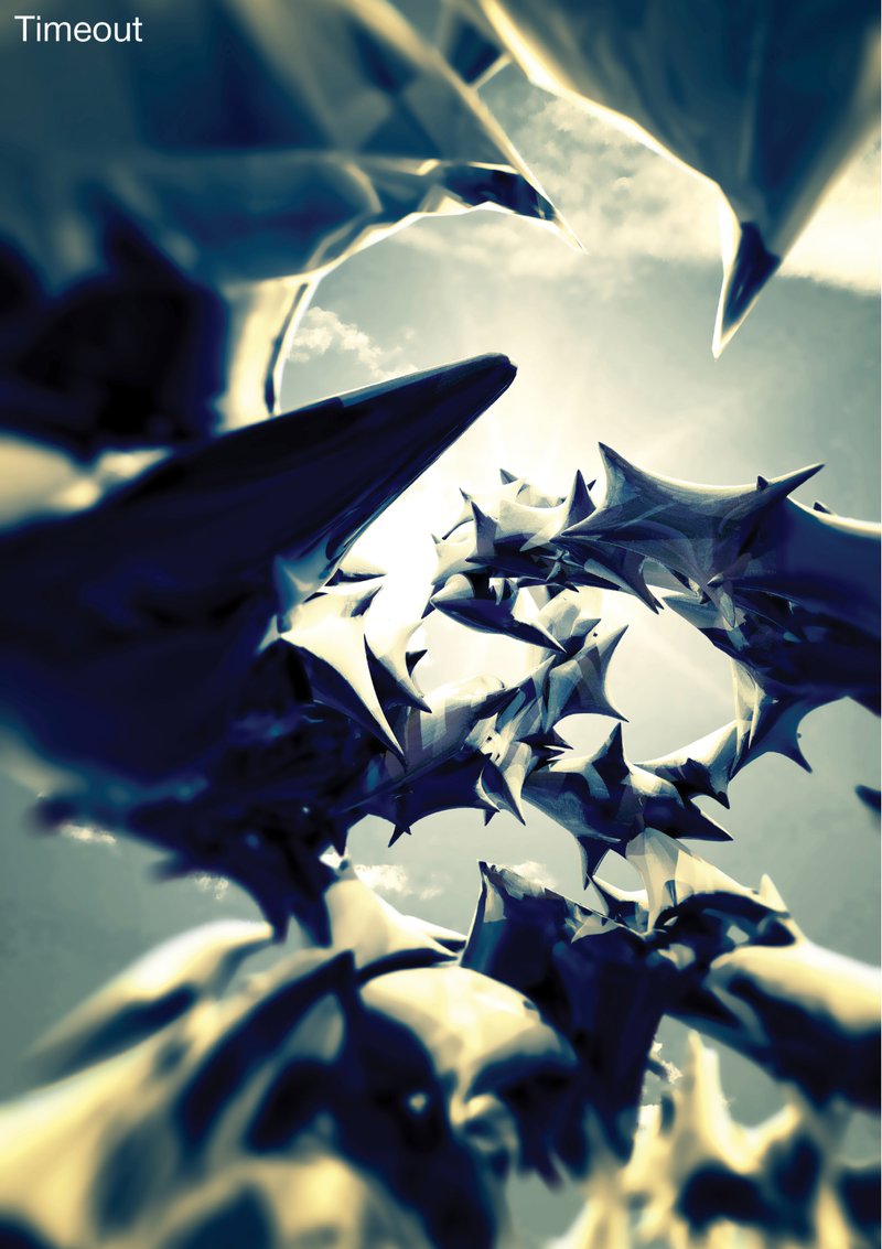 Upward view through an opening in a sculptural assembly of spiked forms