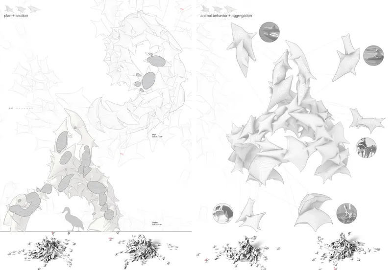 Composite drawing showing plan, section, and renderings of a spiked sculptural structure with wildlife notations