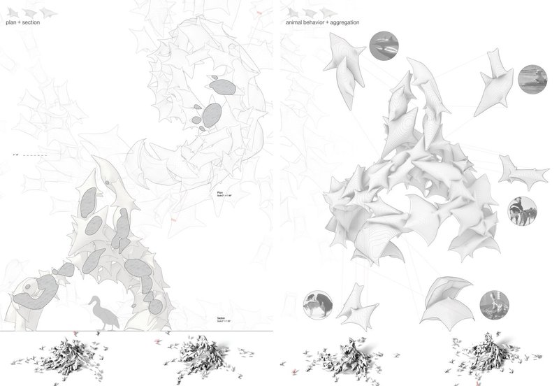 Composite drawing showing plan, section, and renderings of a spiked sculptural structure with wildlife notations