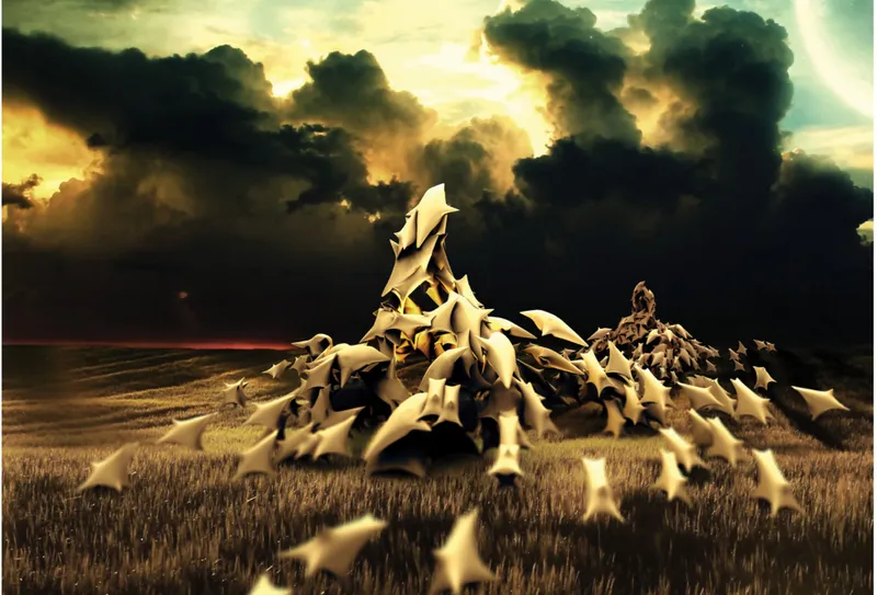 Sculptural installation of spiked forms rising from a wheat field beneath storm clouds