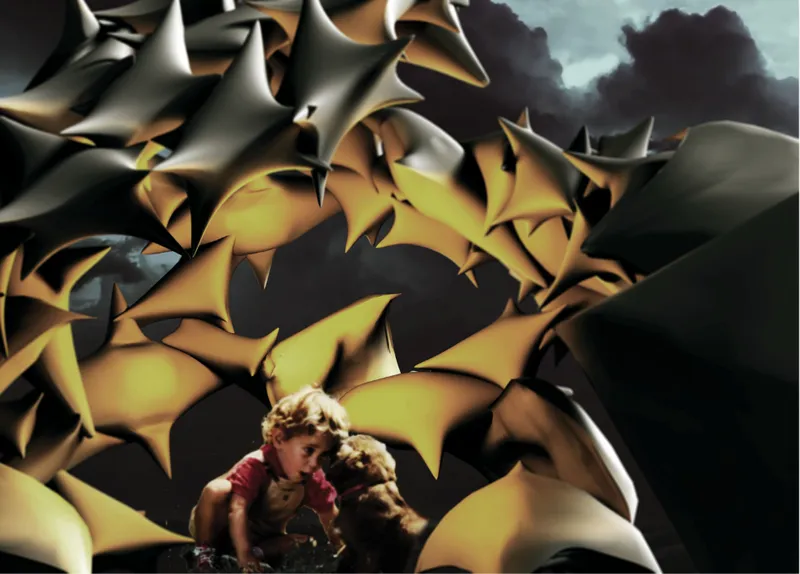 Two children sheltering beneath a canopy of overlapping metallic panels against dark clouds