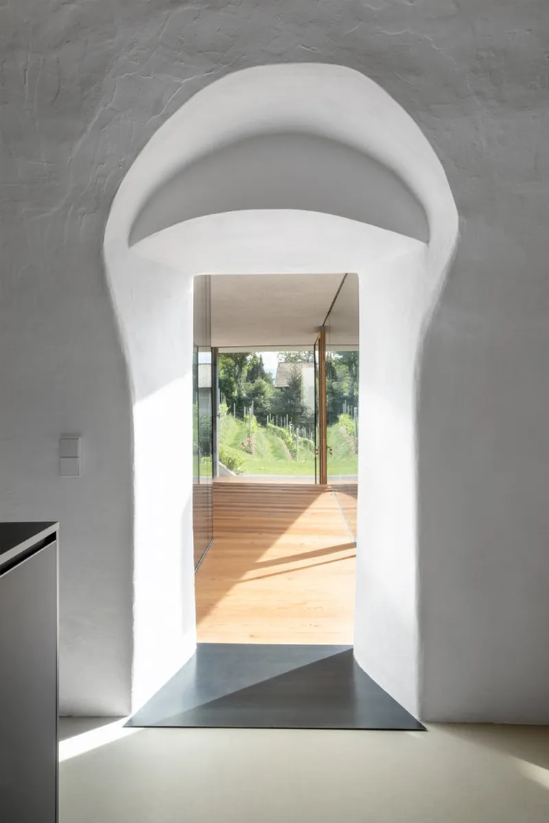 Arched doorway framing a timber-ceilinged room with floor-to-ceiling glazing and oak flooring in afternoon light