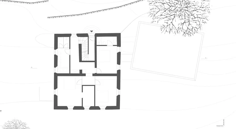 Site plan drawing showing a square house footprint with thick walls adjacent to a courtyard and mature tree