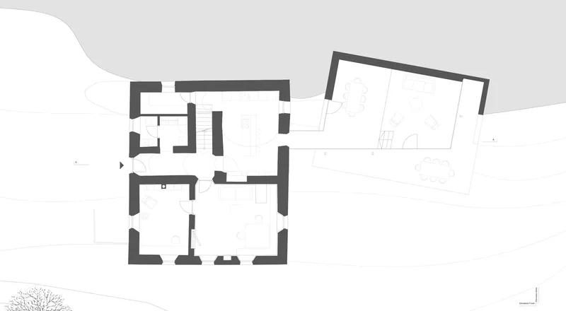 Floor plan drawing showing thick-walled existing rooms connected to a glazed rectangular extension