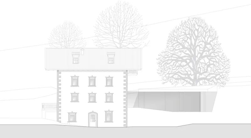 Elevation drawing of a three-story stone building with dormer windows and adjacent subterranean volume beneath a large tree