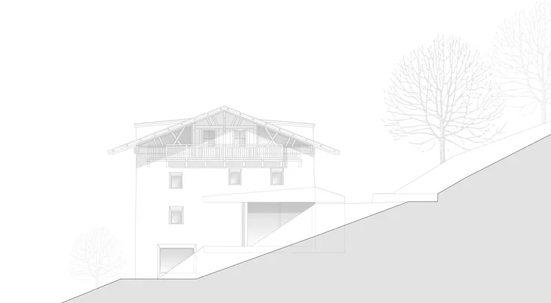 Elevation drawing of a traditional gabled house with exposed roof trusses set into a hillside with bare trees