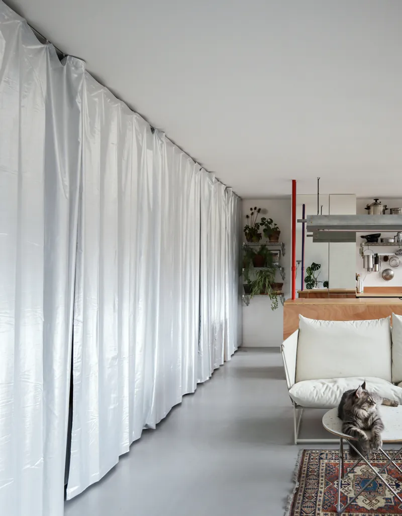 Floor-to-ceiling white curtain track system dividing the interior space with a cat resting on the sofa