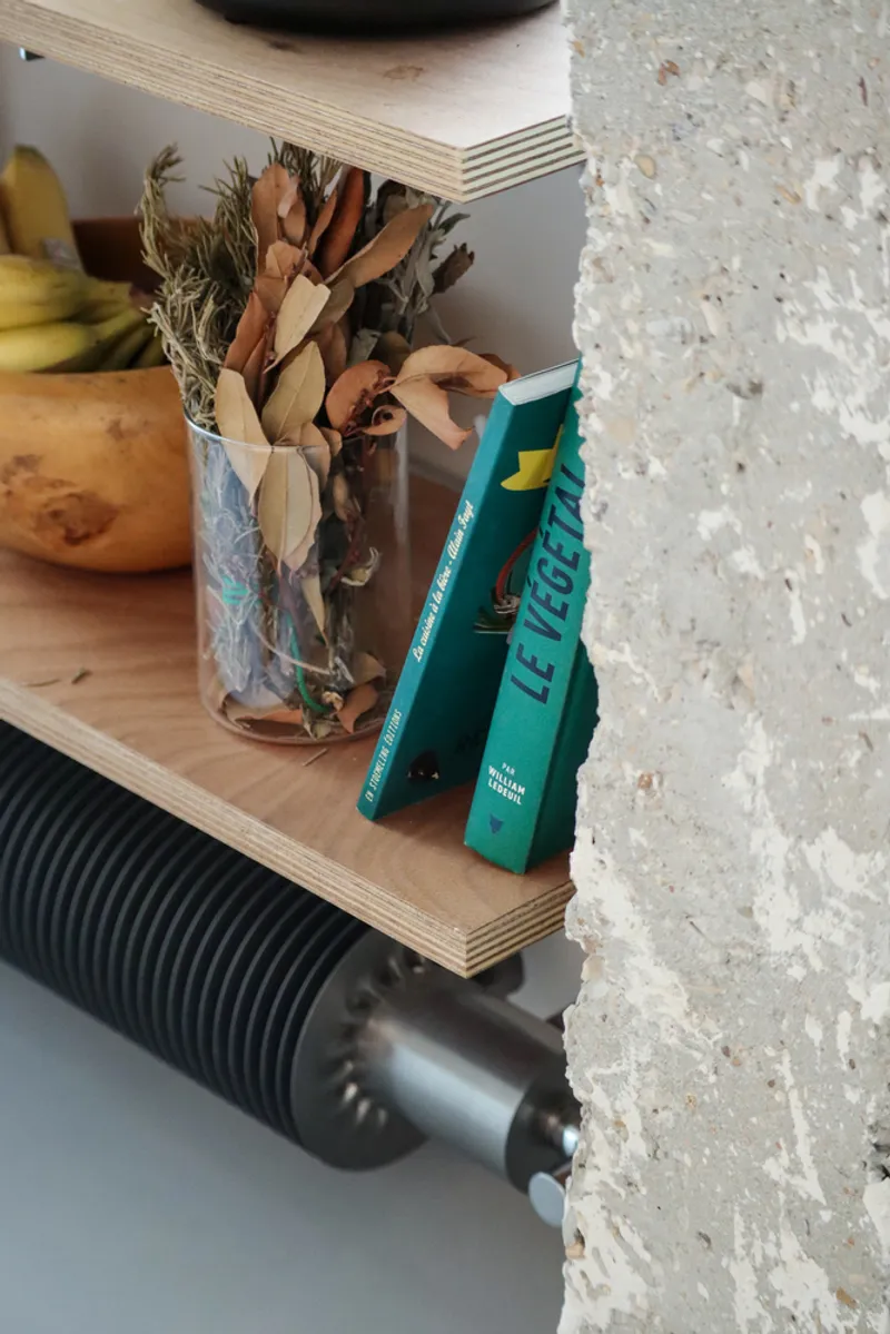 Detail of plywood shelf edge meeting exposed concrete column with dried flowers and books