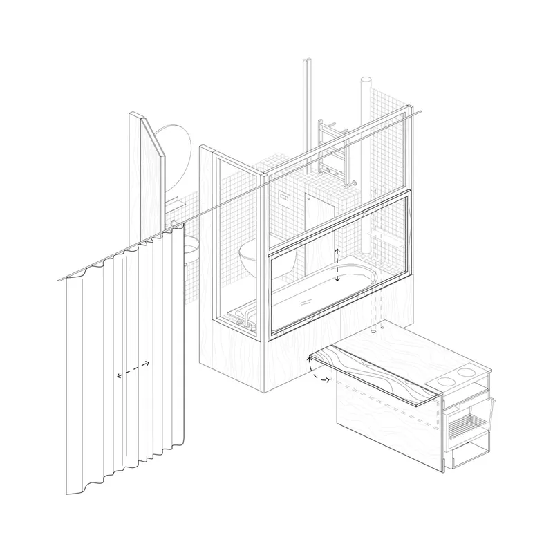 Axonometric drawing showing bathroom layout with sliding panels, bathtub, and adjacent storage unit
