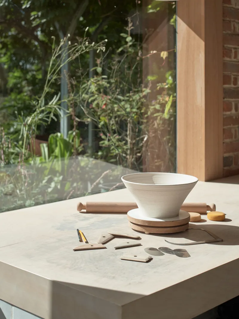 Close-up of pale stone countertop with bowl and timber trivet in dappled sunlight