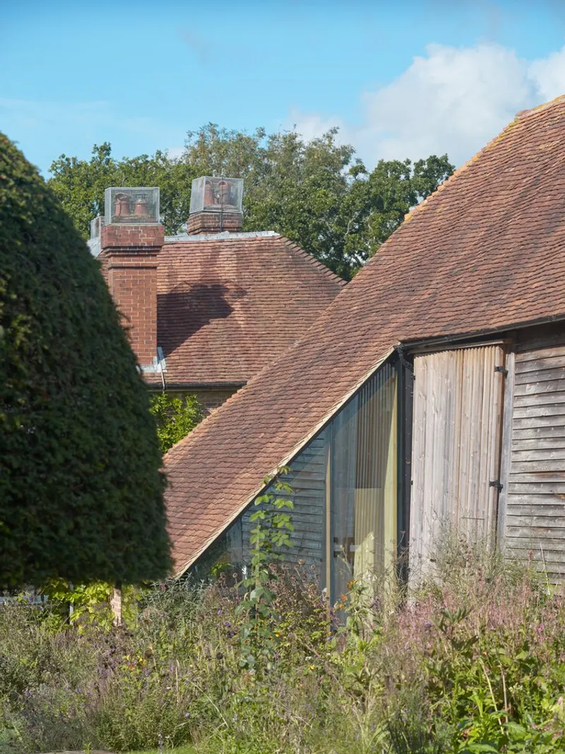 Clay tile roofscape with timber-clad gable and roof lights above wildflower meadow planting