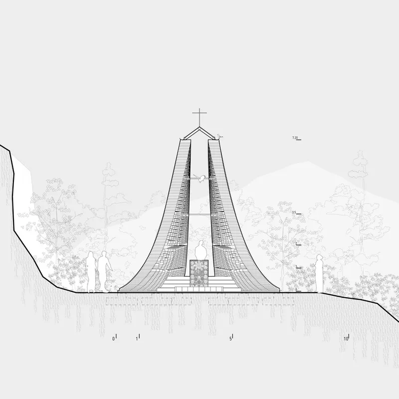 Elevation drawing showing the pyramidal chapel structure with cross on sloping terrain with trees and figures