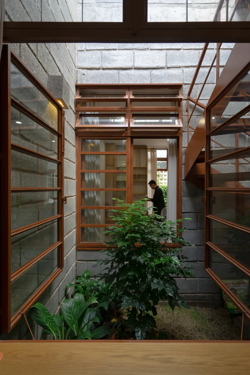 Double-height internal courtyard with timber stairs, translucent block skylights, and a planted tree at ground level