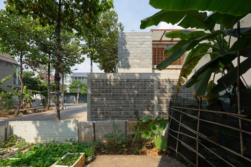 Exterior view of perforated concrete block wall with vegetable garden and banana trees