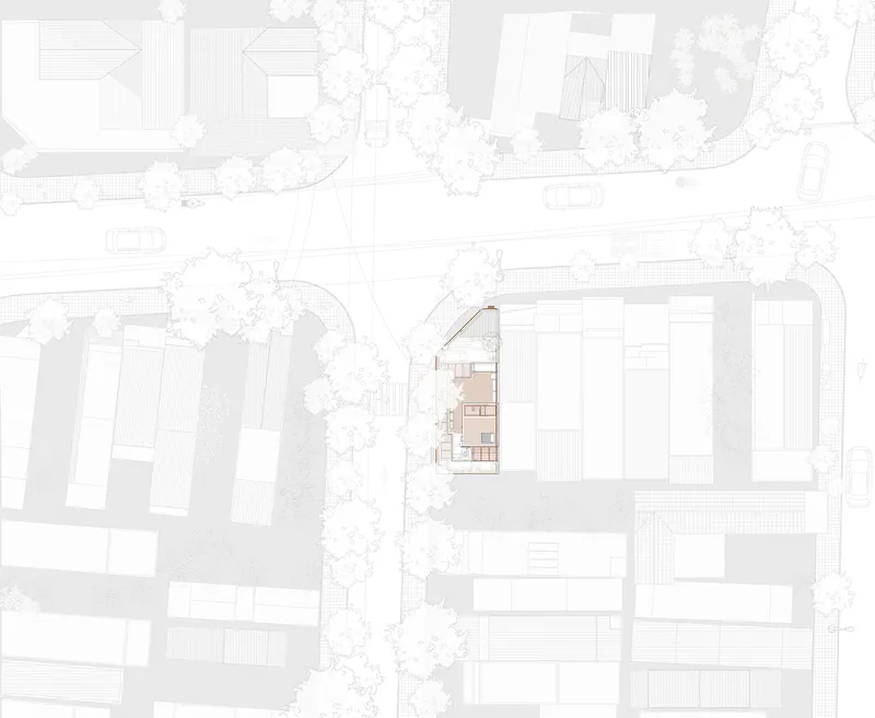 Site plan drawing showing the residential volume positioned within its tree-lined neighborhood context