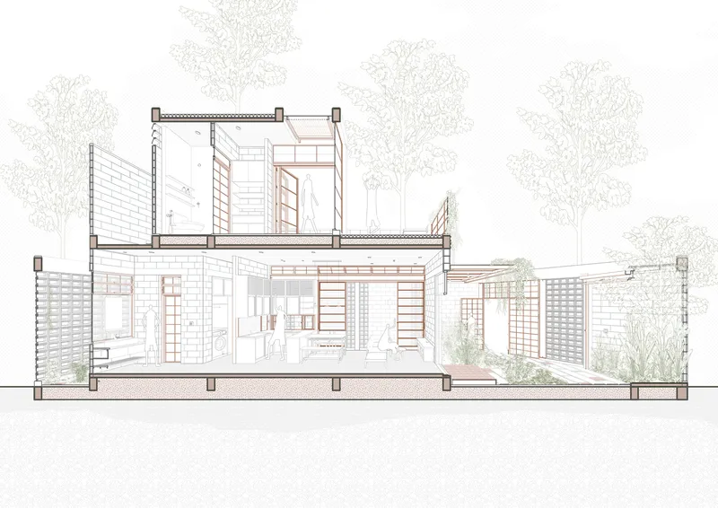 Section drawing revealing interior volumes with staircase, louvered screens, and planted courtyard with trees