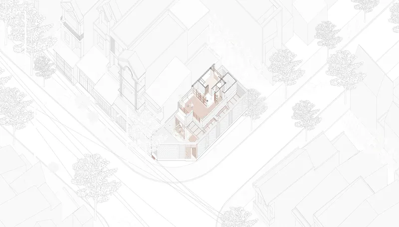 Axonometric drawing showing the upper level with stepped volumes and rooftop terrace spaces