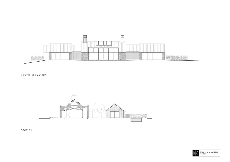 South elevation and section drawings revealing the low horizontal profile and gabled roof volumes