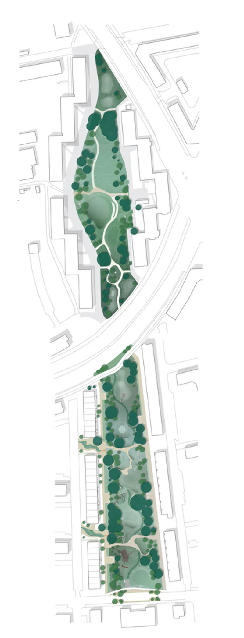 Site plan drawing showing two elongated green spaces with pathways and tree canopies between residential blocks
